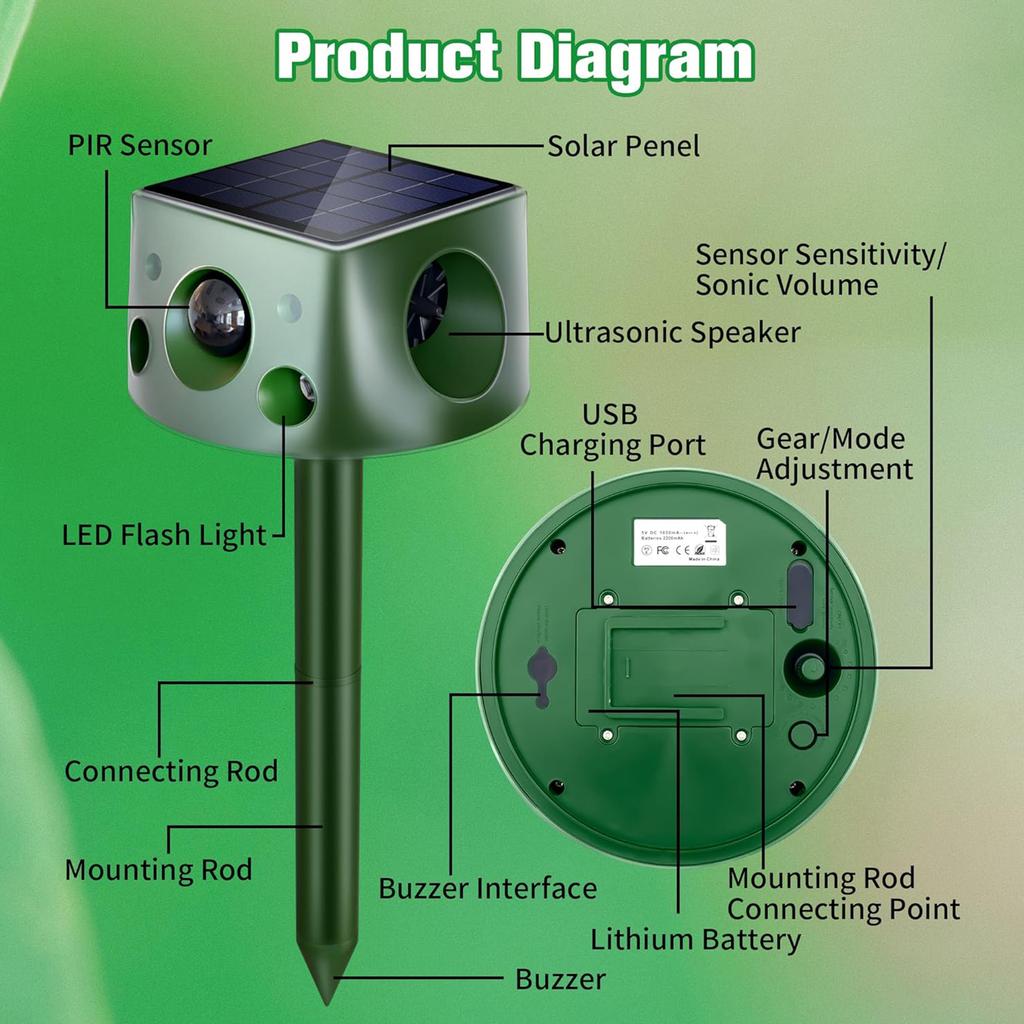 Solar Repellent ABS Material Ultrasonic Animal Repellent Solar Powered Ultrasonic Animal Control for Farm Garden Lawn