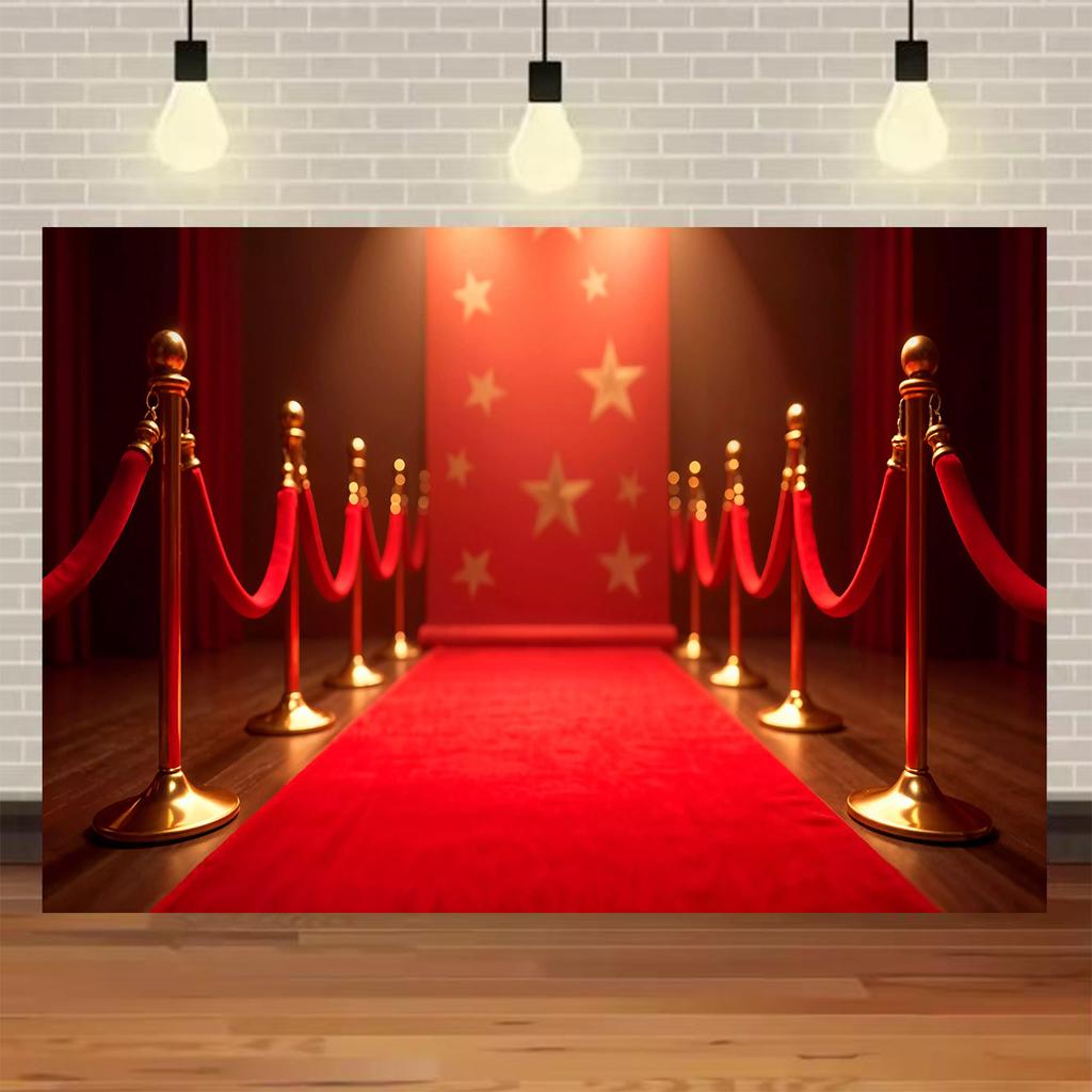 Fondo Fotografico Tappeto Rosso di Hollywood, Tema Uscita Film e Premio Oscar, Fondo Fotografico Focalizzato sull'Oro, Decorazioni per Eventi e Palchi