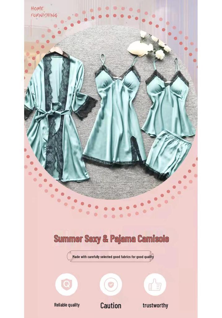 Conjunto de Camisón de Seda Helada para Mujer de Cuatro Piezas con Almohadillas en el Pecho - Lencería Primavera/Verano