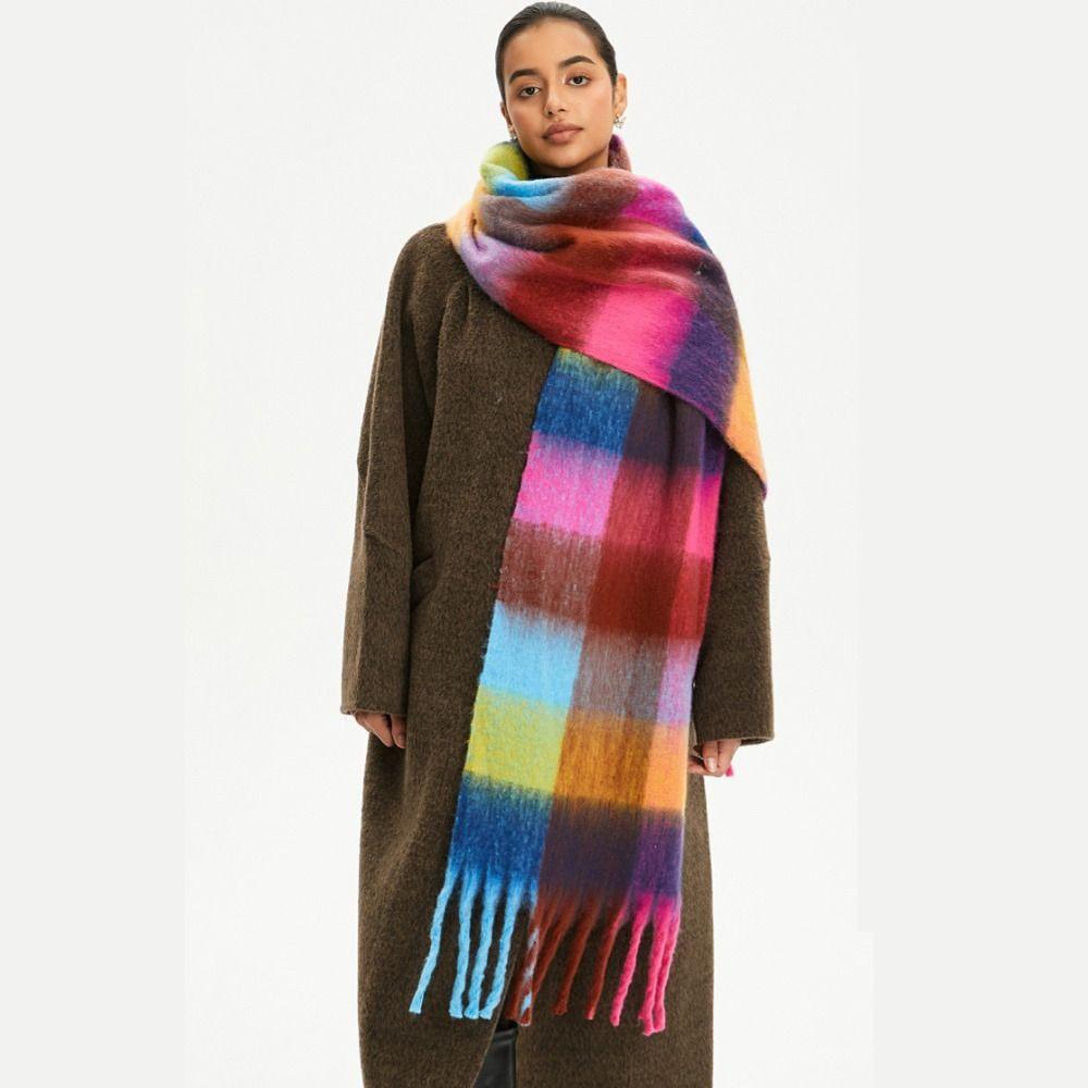 Plush Plaid Wool Scarf Long Women Cape Classic Rainbow Tassel Shawl Women/Men
