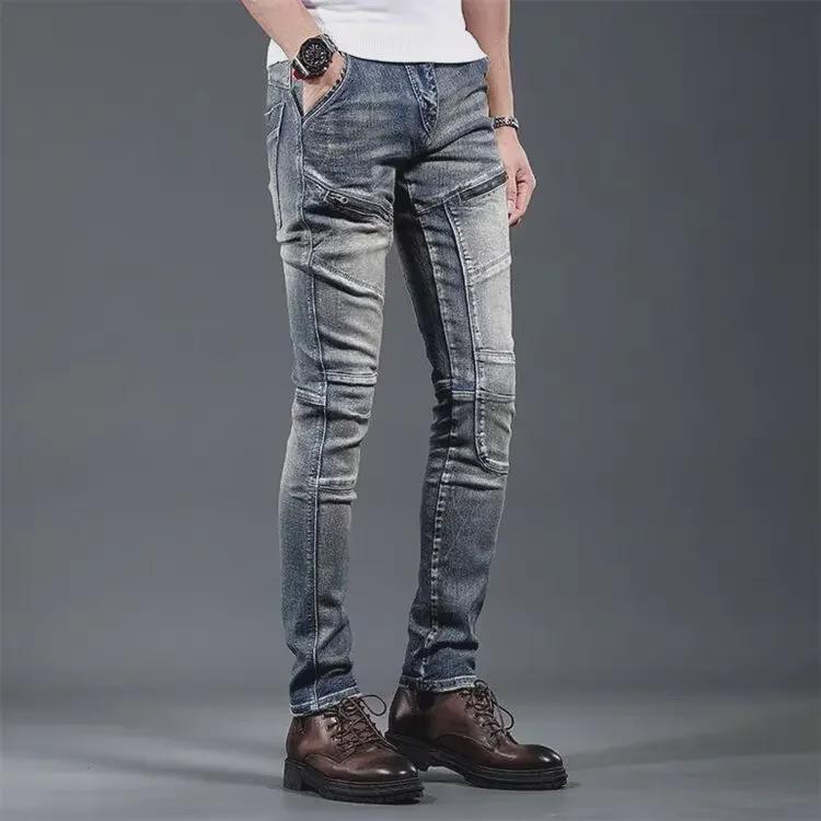 2024, primăvara europeană, blugi de motocicletă pentru bărbați, personalizați de gamă înaltă: Stil la modă frumos slim fit