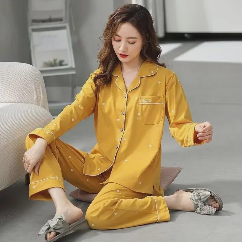 Premium 100% Cotton Women's Pajamas: Sweet, Casual Long-Sleeve Cardigan Set for Spring, Summer, and Autumn