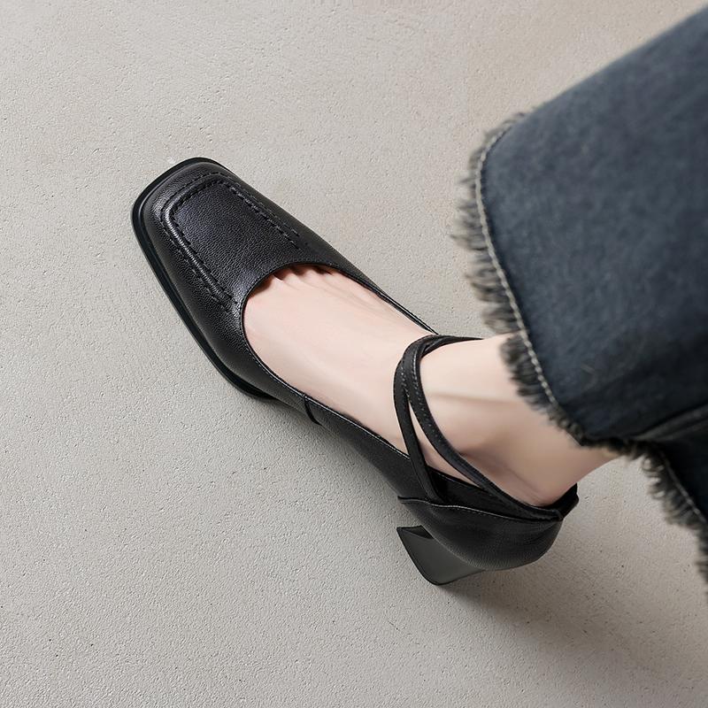 Fashion 2025 New Spring Genuine Leather Shoes LEISURE Style Square Toe High Heels Pumps Buckle Strap Women Shoes Fashion Ladies Shoes