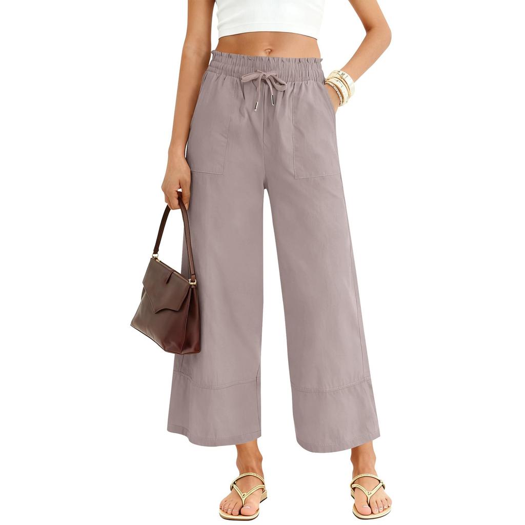 Pantalon Femme Élastique Taille Haute Coupe Décontractée Jambe Large Pantalon Long Pantalon Avec Poches