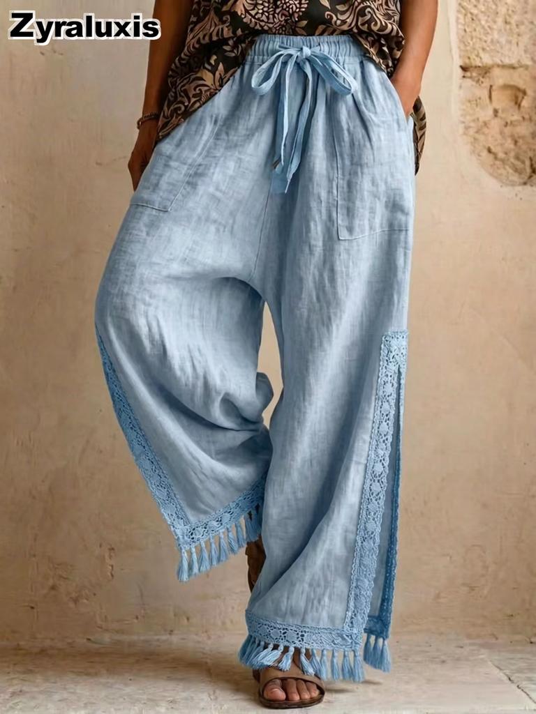 Summer Linen Cotton Side Slit Ruffles Bohemian Wide Leg Pants
