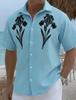 Men's Light Blue Ethnic Geometric Print Short Sleeve Shirt, Spring Summer Fresh Vacation Casual Top, Pocket Lapel Style