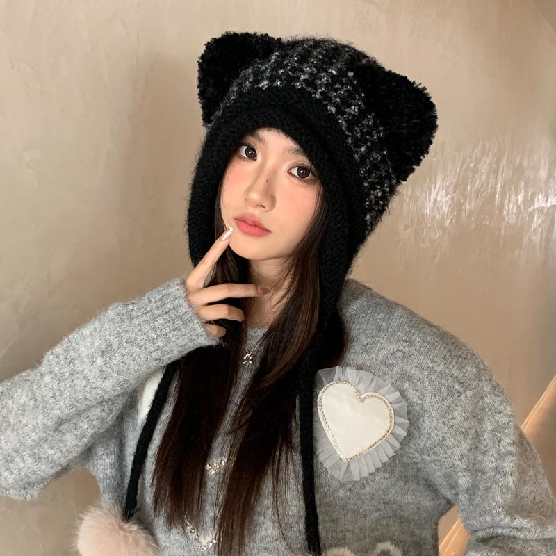 Winter Hat Girl Cute Bear Plush Hat Windproof and Warm Integrated Hat Hairball Cold-proof Knitted Hat
