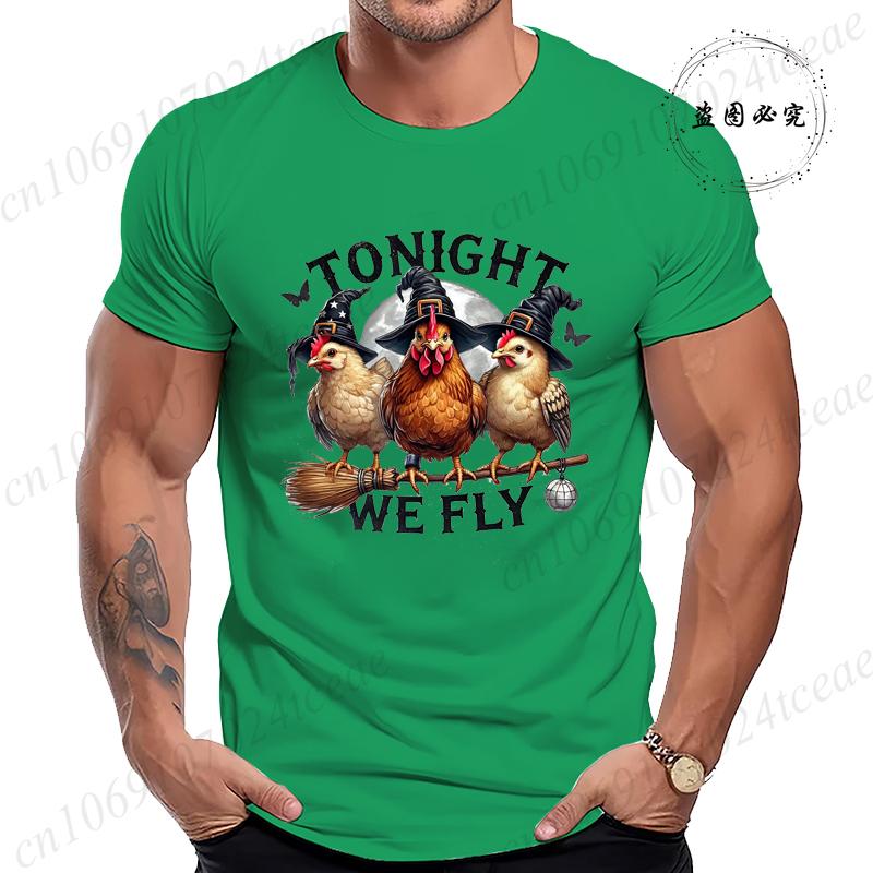 Halloween Tonight We Fly TShirt for Women Men Chicken Witches Hat Funny Casual TShirt Spooky Witch Men TShirts Clothing Tops