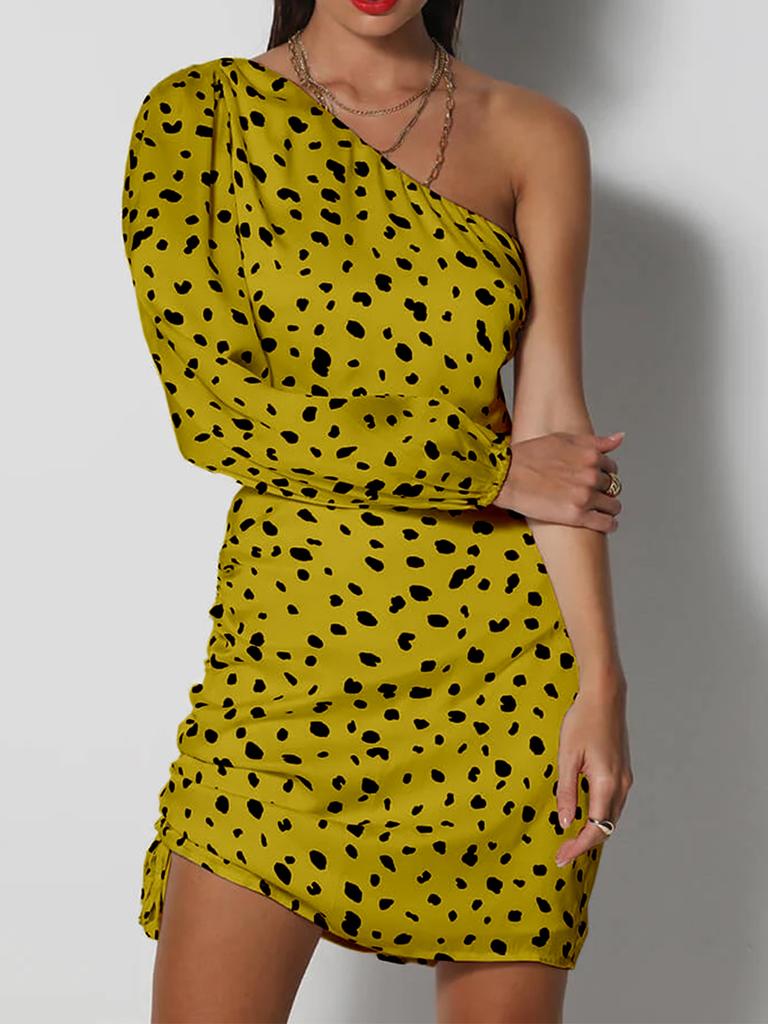 Hottie Sexy Slanted Shoulder Single Sleeve Leopard Print Waist Hollow Fashion Hip Dress