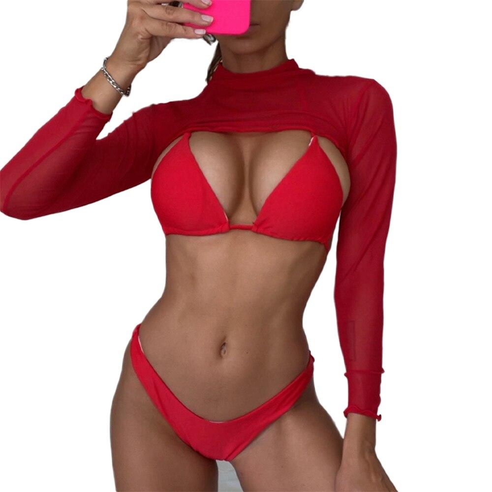 Kaufe Women Red Bikini Set Long Sleeve Tulle Swimsuit Deep V Crop Top