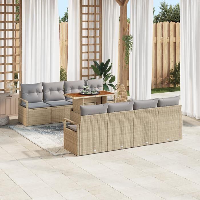 Ensemble de canapé de jardin 9 pièces vidaXL avec coussins Beige Poly Rattan Acacia, Canapé de jardin 2 places vidaXL 3349685