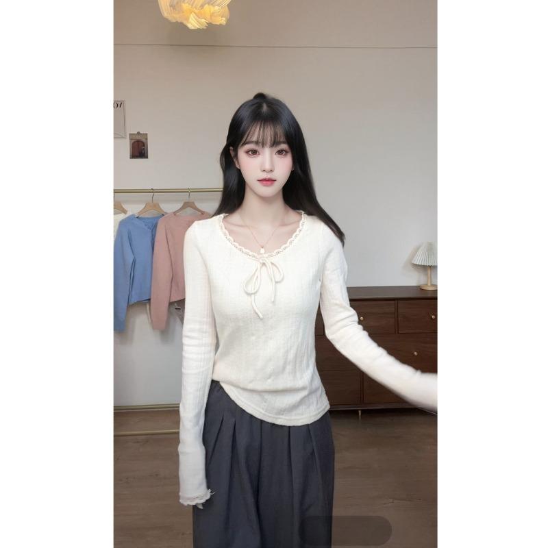 Кружевная облегающая бм рубашка с длинным рукавом женская весенняя кружевная блузка со шнуровкой-бантом, с полосками под мышками и нижняя рубашка XL абрикосовый