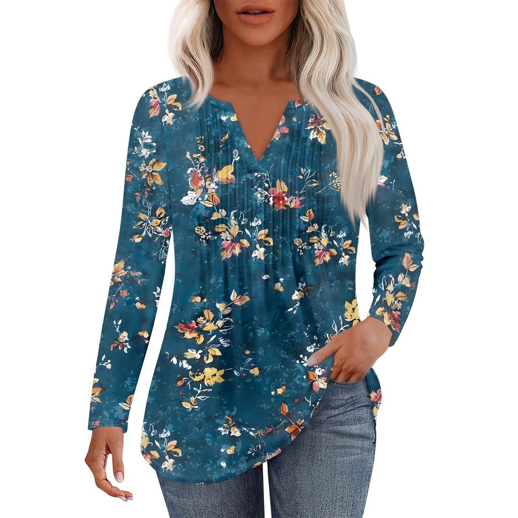 Damenmode Lässig Plissiert V-Ausschnitt Einfarbig Langarm T-Shirt Elegante Oberteile