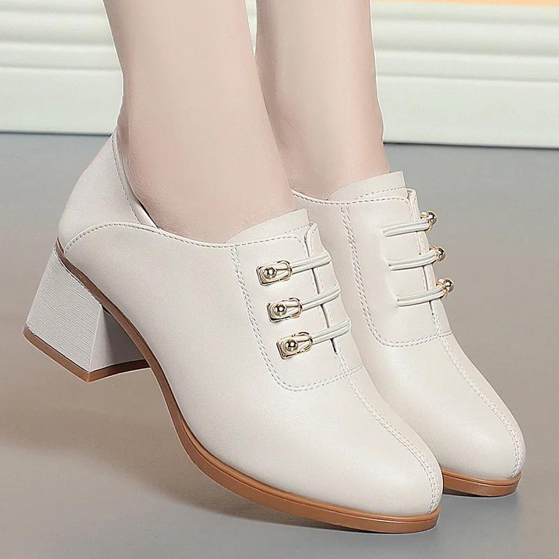 Fashion 2025 Women's Spring Leather Shoes Solid Color Round Toe Chunky Heel Loafers Female Fashion Office High Heels Shoe Mom's Shoes