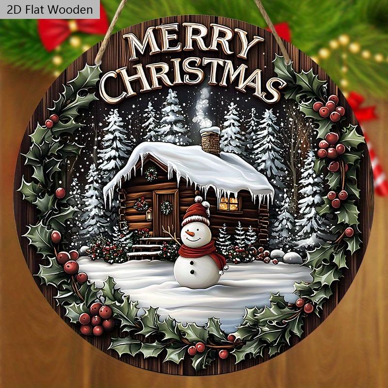 Warm Winter Wooden Christmas Sign with  Snow House & Snowman Pattern - Navidad Round Sign for Front Door Wall Hanging Decor - Ideal Christmas Gift