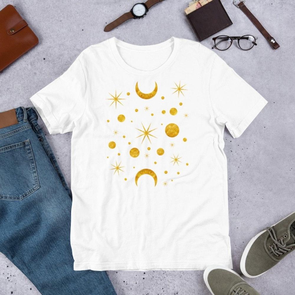Stars and Moon Space Art Print Folk Art Tshirt Women Unisex Casual Cotton Graphic T Shirt Creative Streetwear Tops Tee Shortsleev