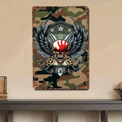 FiveFinger Death Heavy Metal Tin Sign   Vintage Military Skull with Wings  Crossed Guns Camouflage Design Durable Iron Metal