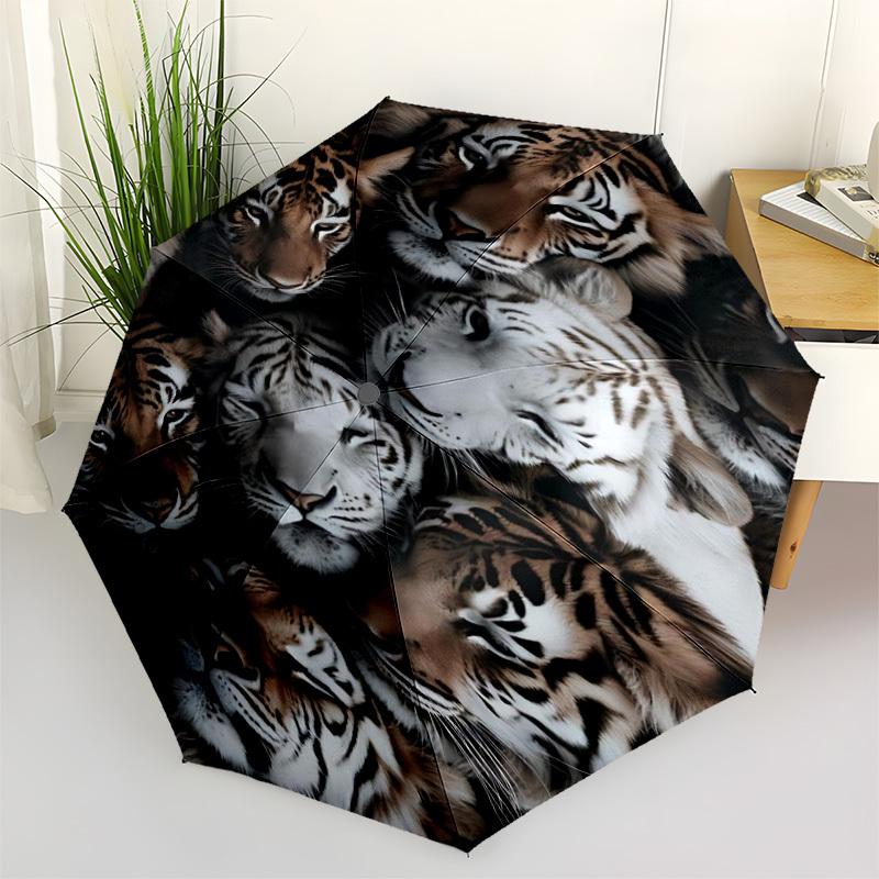 1pc Tiger Faces Automatic Open/Close Umbrella - Compact Travel Umbrella with 8-Rib Durable Frame, Lightweight & Portable Design, Commuting, Beach