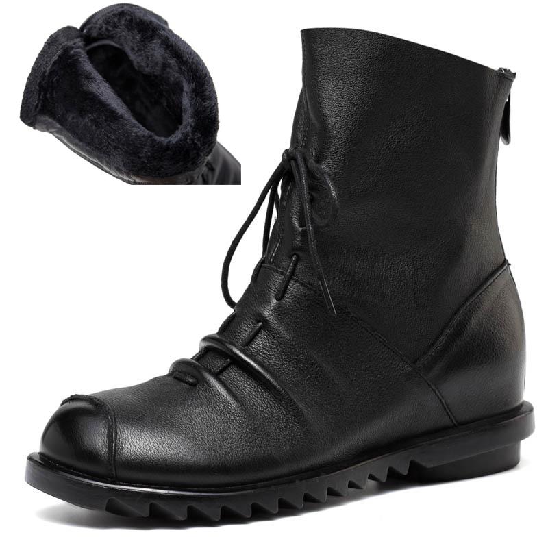 Johnature Genuine Leather Soft Soled Short Boots Versatile Black Lace Up Back Zipper Warm Women's Boots