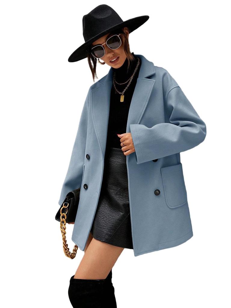 Women's Autumn Wool Overcoat with Turn-Down Collar and Drop Shoulder Design