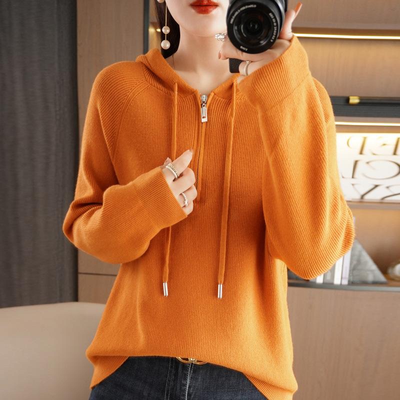 Hooded Solid Color Semi-new Drawstring Sweater Zipper Casual Loose Women's Pullover Andy Velvet Long-sleeved Bottoming Top