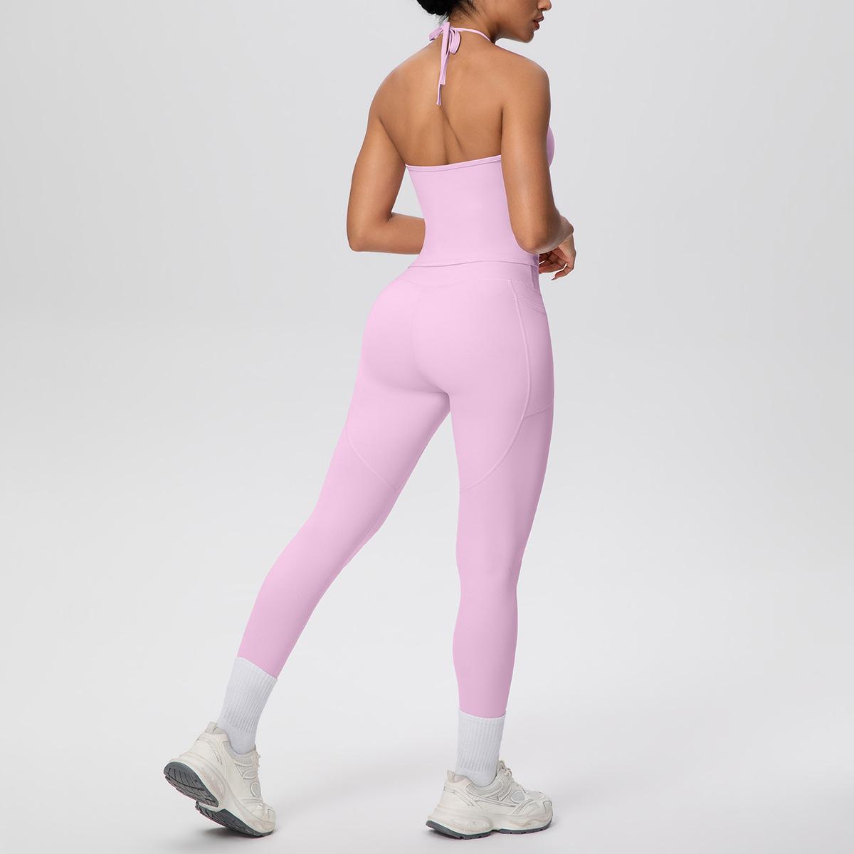 

Solid Color Brushed Back Halter Pocket Yoga & Running Fitness Set L