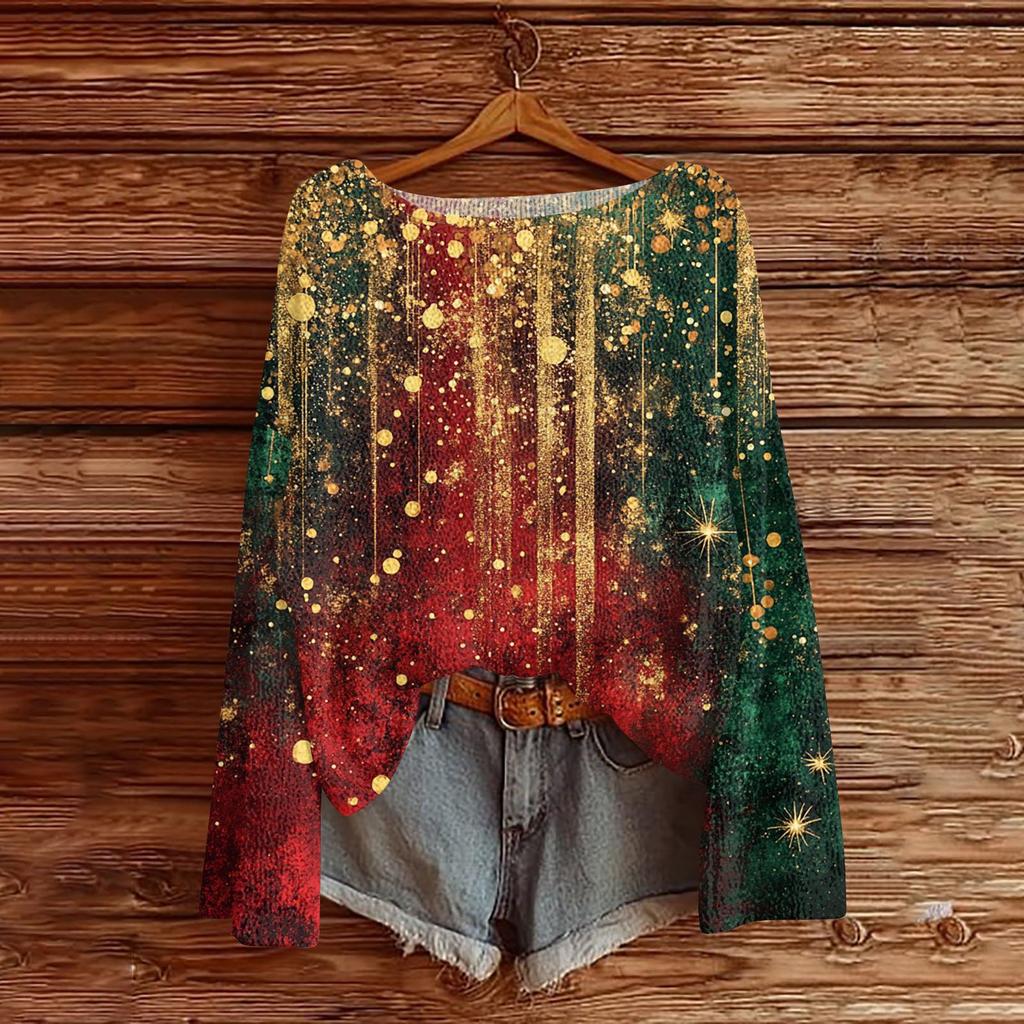 Women's Fashion Round Neck Long Sleeve Christmas Print Casual Pullover Sweater Top