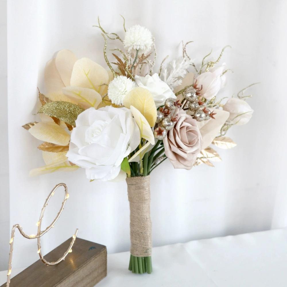 Kunstige blomster brudebukett til bruden, rustikke bryllupsbuketter til bruden Silke runde kunstige bryllupsblomster buketter