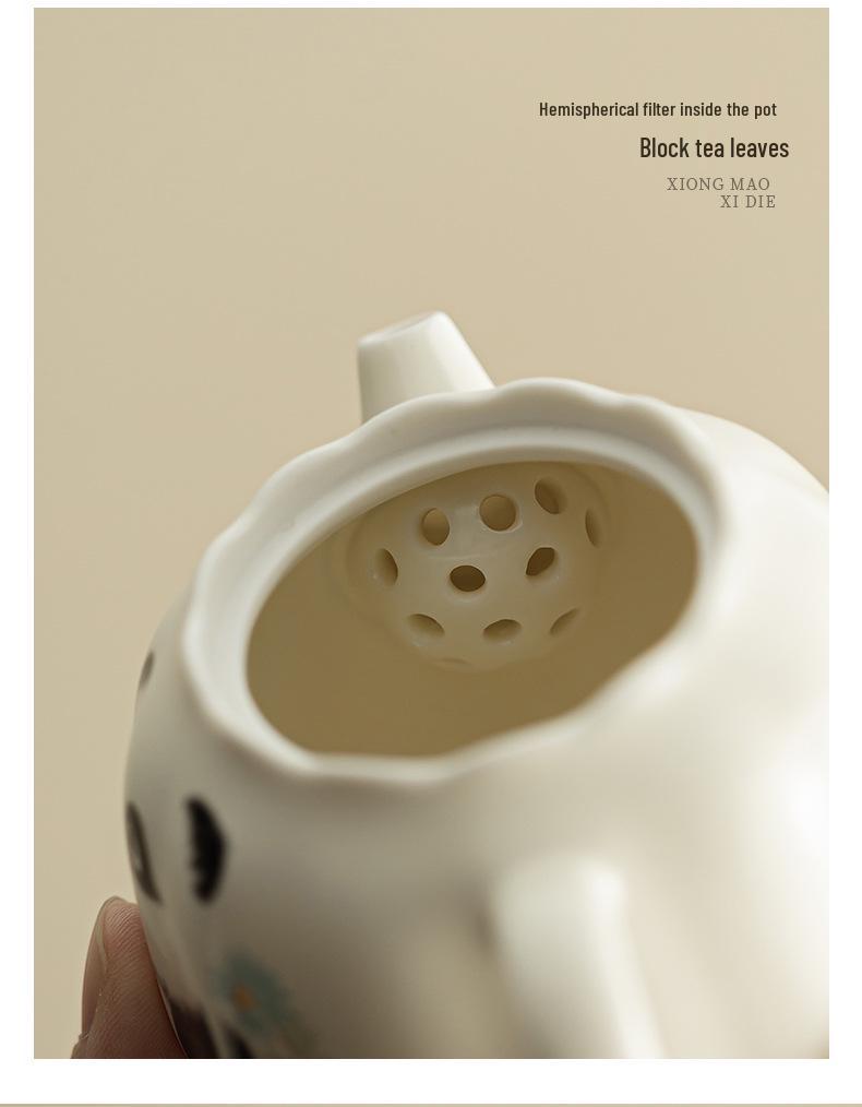 Panda & Butterfly Ceramic Teapot in Beige - Kung Fu Tea Set with Filter