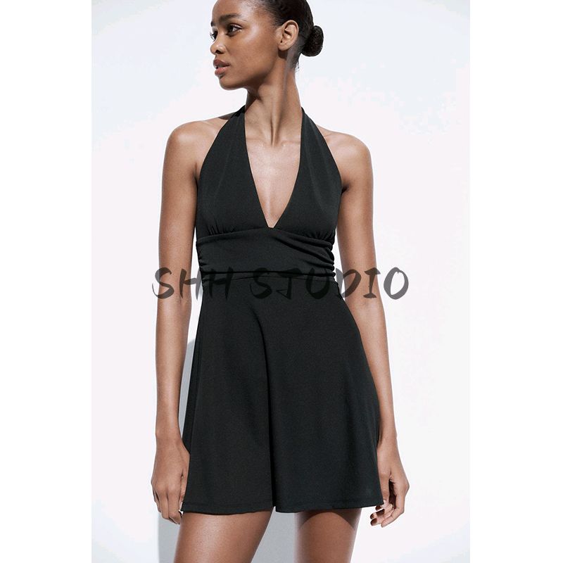 Spring and Summer Women's Clothing Minimalist Wind Ruched Decoration Hanging Collar Open Back Elegant Short Sleeveless Dress 5039358