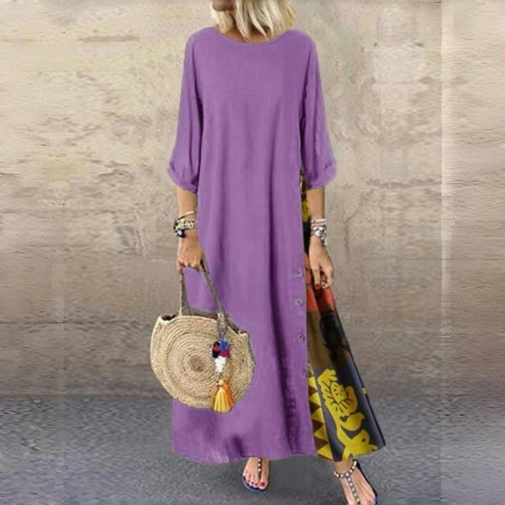 LYRIA Baumwolle Leinen Vintage Lange Kleider Damen Dreiviertelärmel Splicing Druck Lockeres A-Linien-Kleid Mode Lässig Damen Maxi Vestido