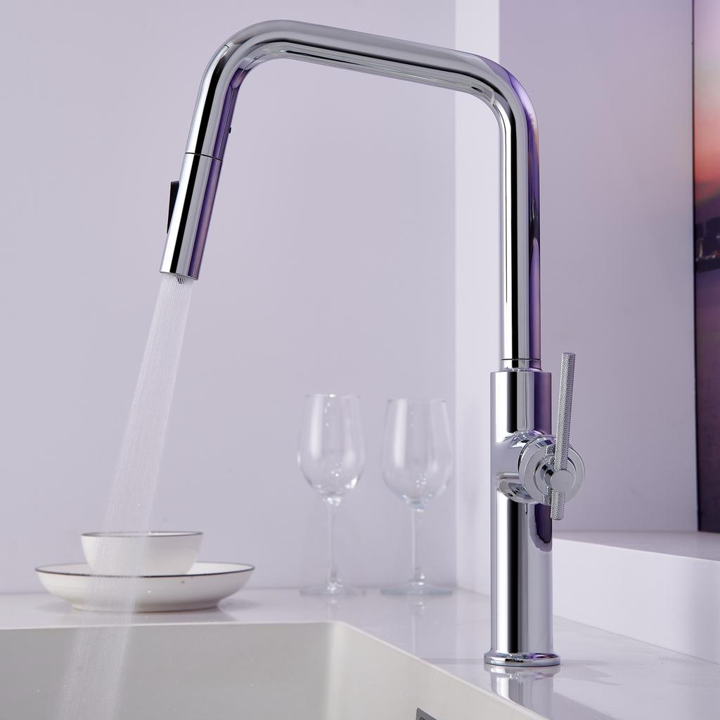Rose Gold Brushed Brass Pull-out Kitchen Faucet Rotating Crane Extendable Hot Cold Water Grey/Black for Sink