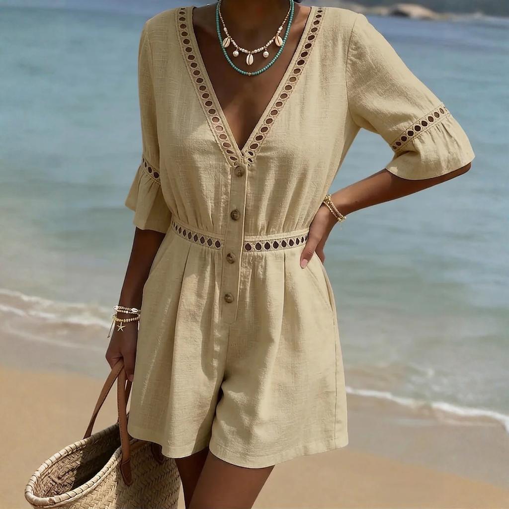 Short Rompers For Women Deep V Neck Sleeveless Jumpsuit Loose Fit Work Overalls Dressy Casual Summer Jumpsuits