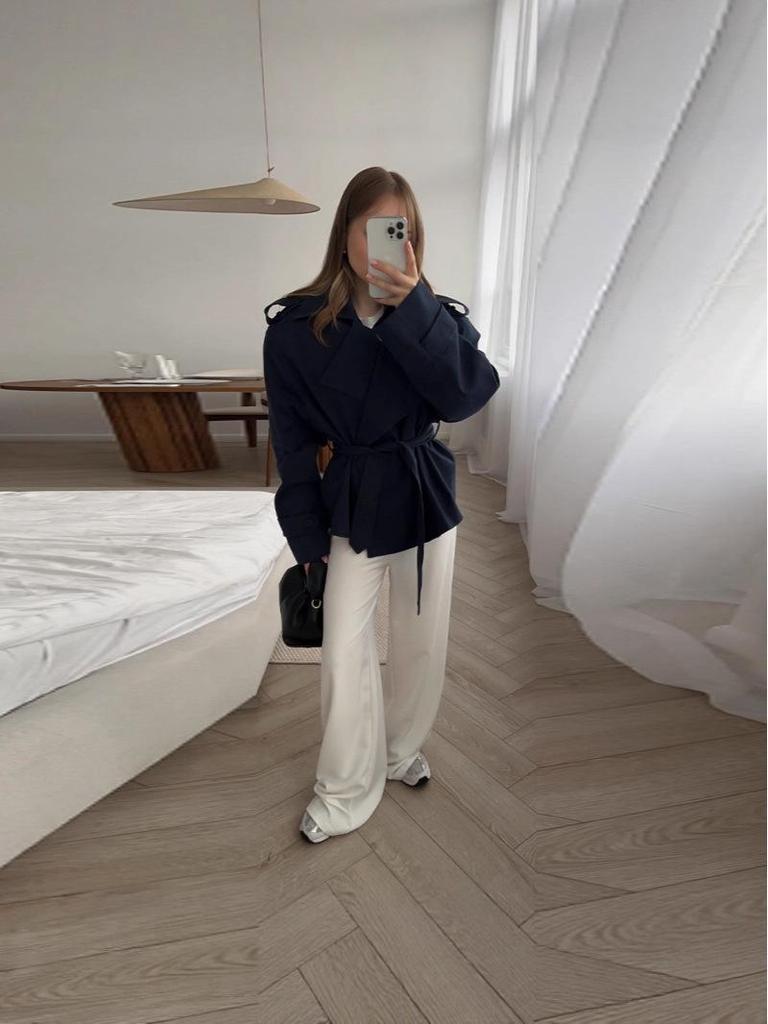 2025 Spring-Autumn Solid Color Belted Short Trench Coat