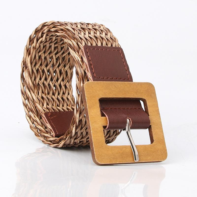 Women's woven belt Wood color square buckle decorative jeans belt Simple fashion dress belt