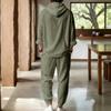 Men's Linen Hooded Two-Piece Set: Half-Zip Long Sleeve Shirt and Jogger Pants for Beach Vacation