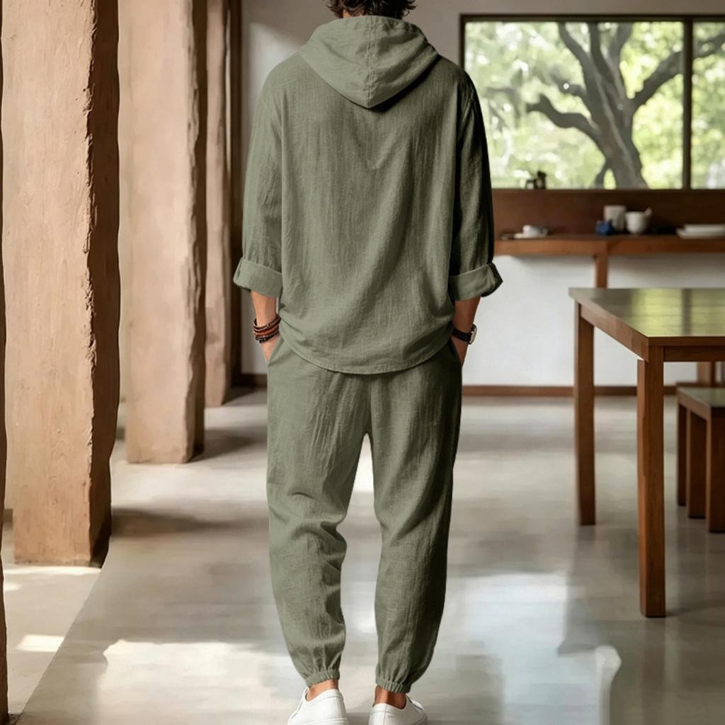 Men's Linen Hooded Two-Piece Set: Half-Zip Long Sleeve Shirt and Jogger Pants for Beach Vacation