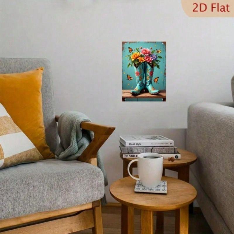 Metal Wall Art Vintage Cowboy Boot with Flowers for Living Room Decor
