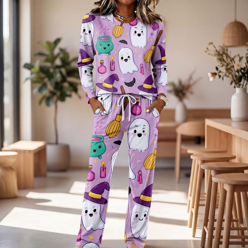 Women's Casual Pajama Set with Long Sleeve Round Neck and Drawstring Wide Leg Pants for Sleep and