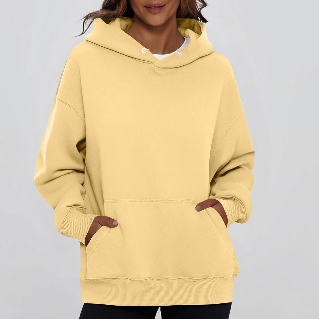 Ladies' Fashionable Solid Color Casual Hooded Pocket Long Sleeved Top