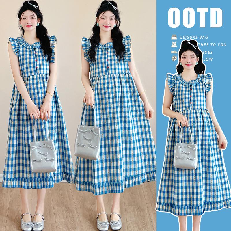 Maternity Cotton Linen Embroidered Plaid Ruffle Sleeveless Midi Dress M