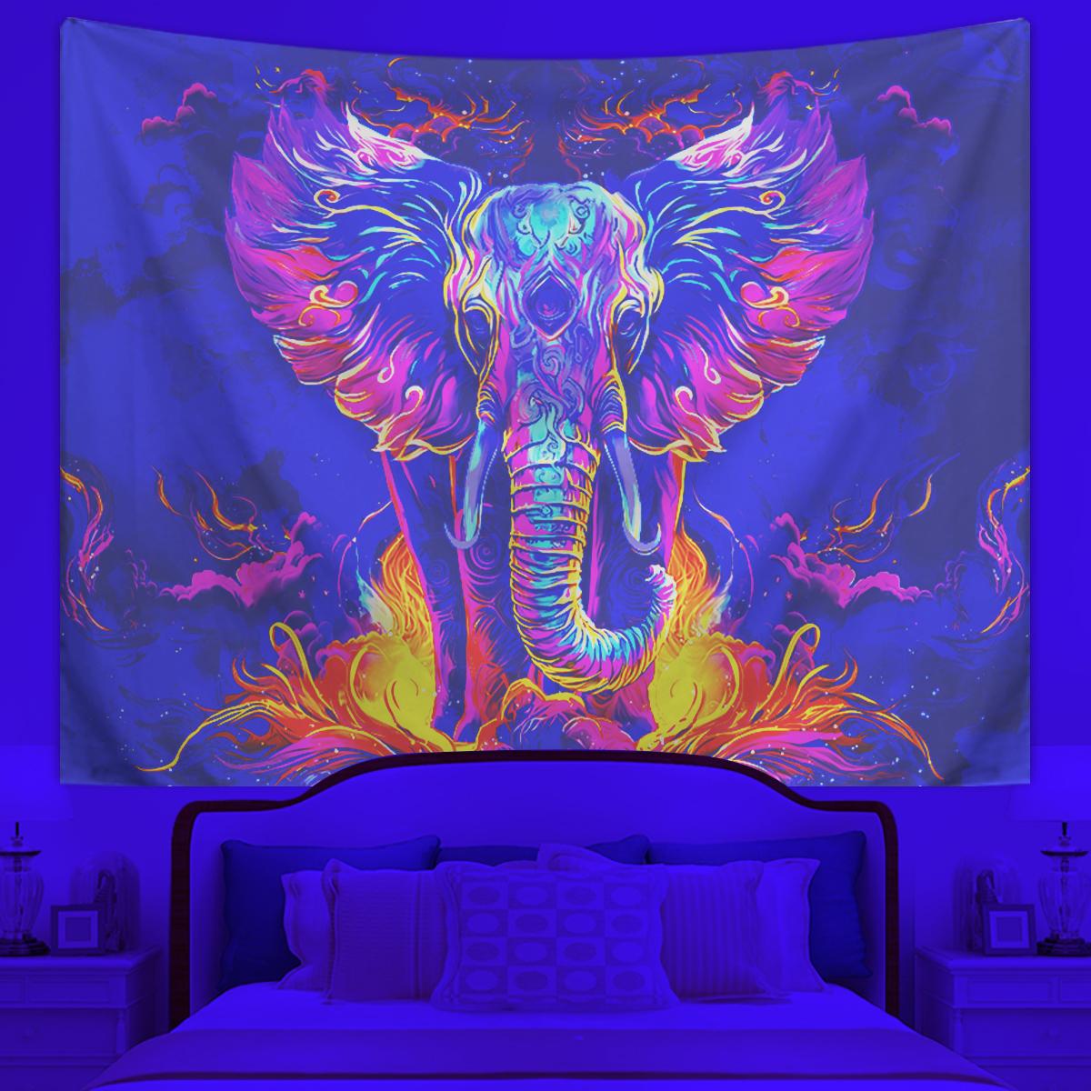 1pc Elephant tapestry, UV responsive fluorescent tapestry, watercolor elephant wall hanging aesthetic cloud tapestry 73x95cm