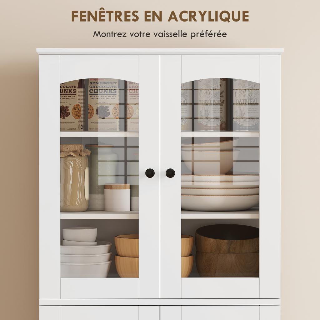 High Kitchen Sideboard, Acrylic Display Cabinet, 4 Doors, 10 Compartments, 60 x 40 x 162 cm, White