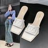 2025 summer new square head high-heeled slippers thin-heeled patent leather one-word slippers daily commuter high-heeled slippers