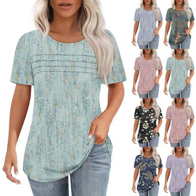 T Shirts For Women Pleated Round Neck Dressy Casual Blouses Printing Short Sleeve Summer Tops Loose Fit