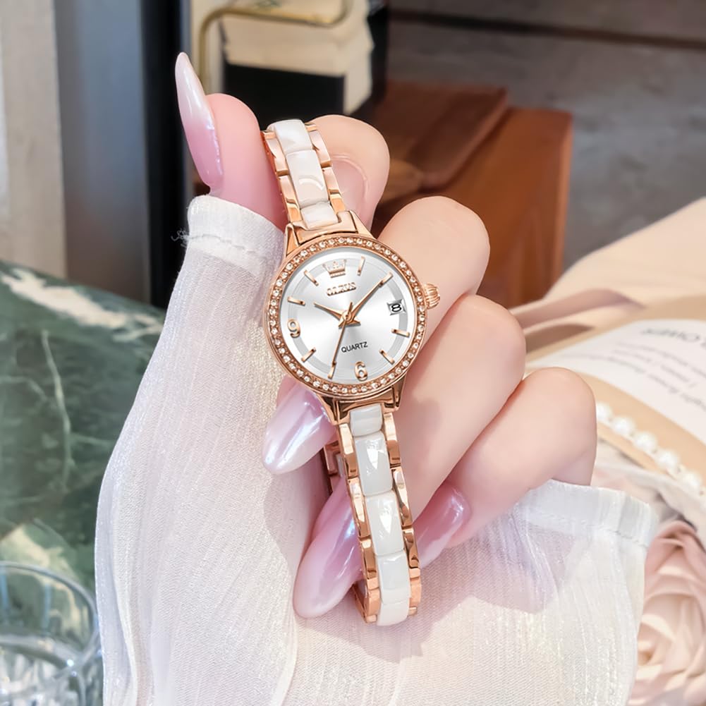 OLEVS Waterproof Rose Gold Analog Watch with Date White Women's Display, Lightweight, Dial.