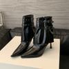 Pointed thin heel short boots women's 2025 autumn and winter white rivet belt buckle elastic thin boots high heel single boots
