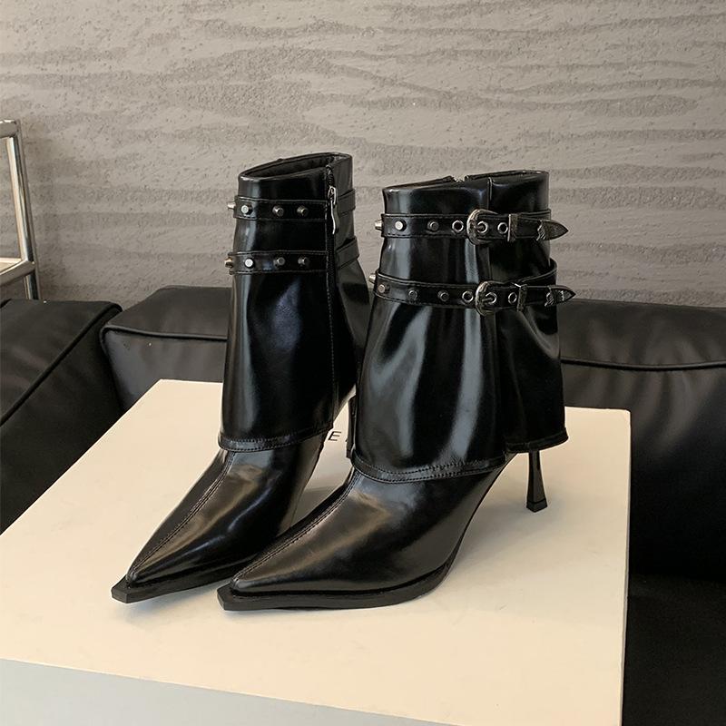 Pointed thin heel short boots women's 2025 autumn and winter white rivet belt buckle elastic thin boots high heel single boots