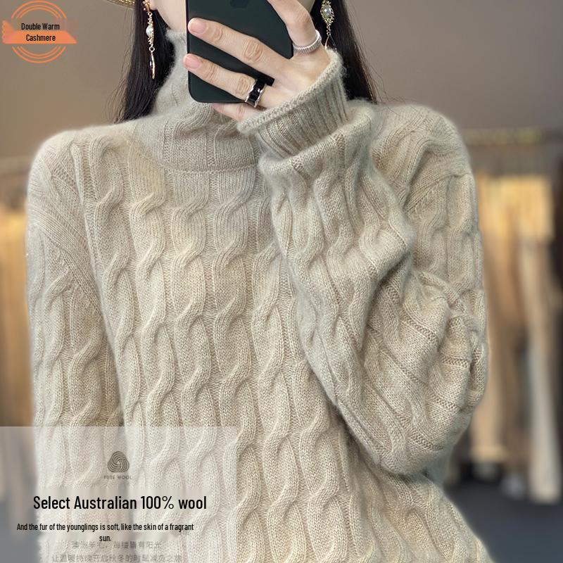 

Women s High Neck Loose Cable Knit Sweater, 100% Wool with Cashmere Lining XL