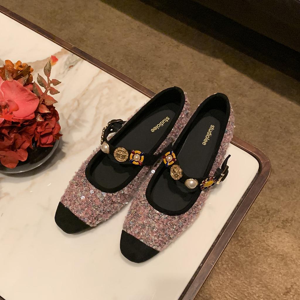 Sheepskin Grape Mother Same French Square Head Tweed Small Fragrant High Heels Badge Mary Jane Shoes Women's Shallow Mouth Single Shoes